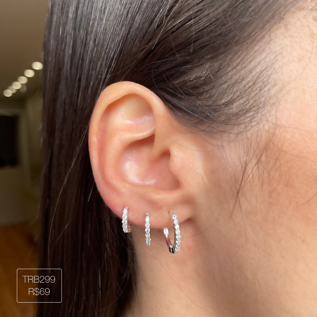 Trio de Argola c/ 1 Carreira Zirconia Cristal Prateada